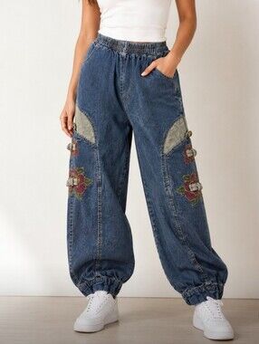 Rare Vintage Y2K Hip Hop Wide Leg Denim Jogger Pants Rose Embroidery